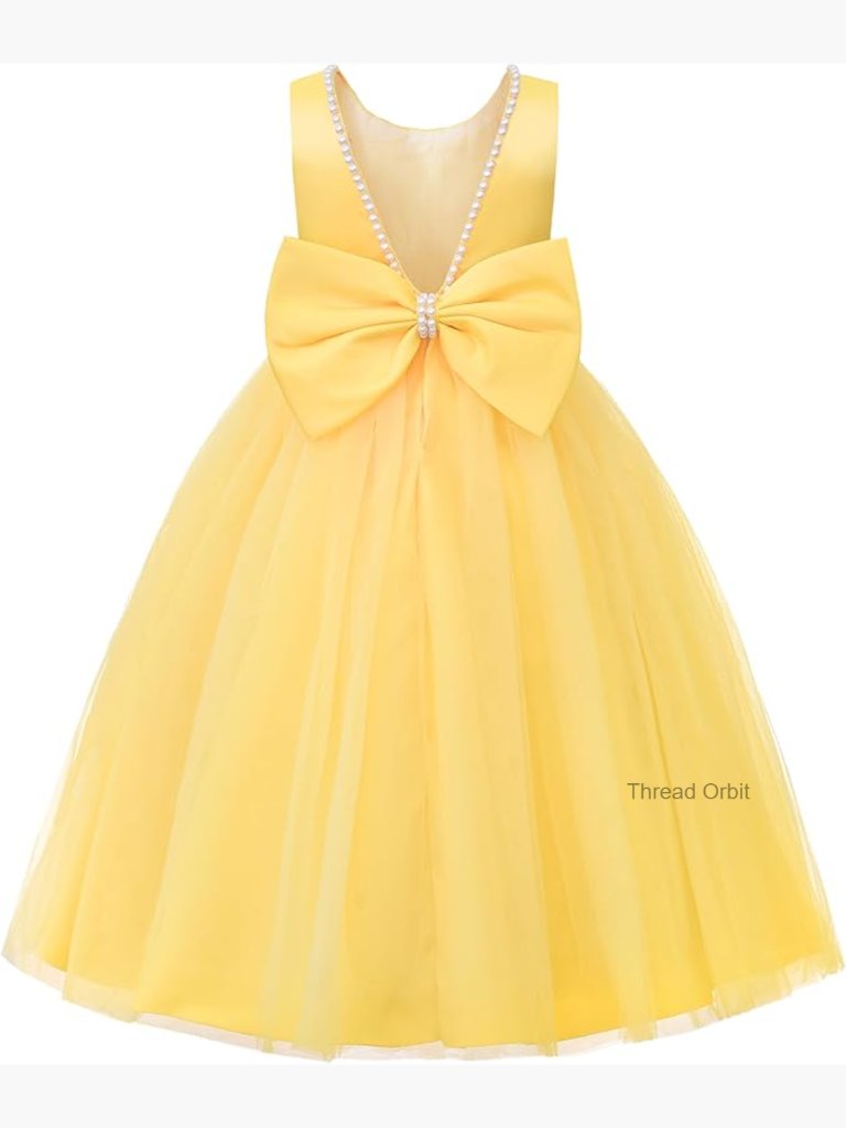 Sleeveless Tulle Skirt Pearl Trim Back Bow Wedding Party Gown
